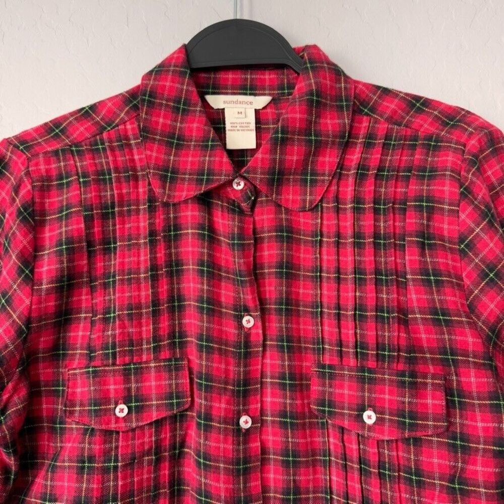 Sundance Medium Red Black Plaid‎ 100% Cotton Long Sleeve Button Up Tunic Blouse - Picture 3 of 4